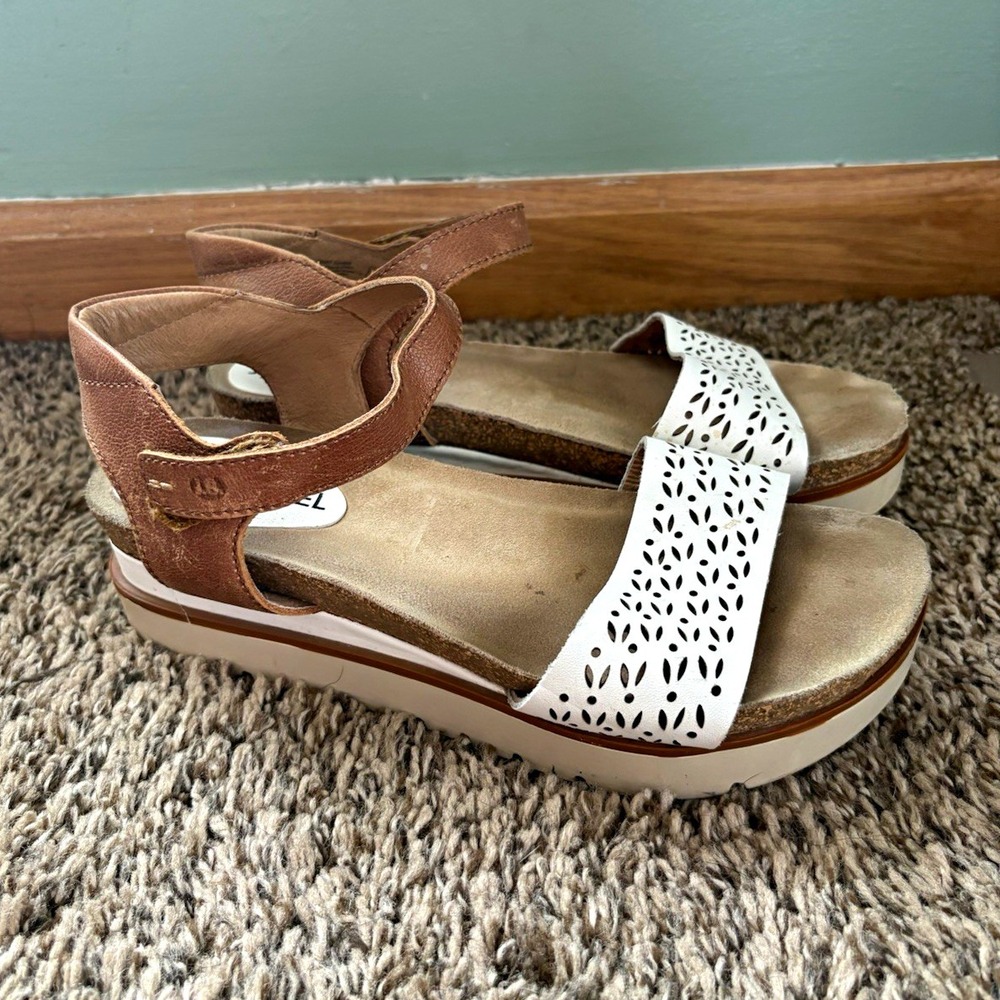 Josef Seibel Clea 09 Women's 8 White/Brown Leather Strappy Wedge Sandals EU 38
